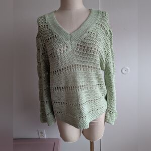 ESQUALO Mint Green Crochet V-Neck Sweater